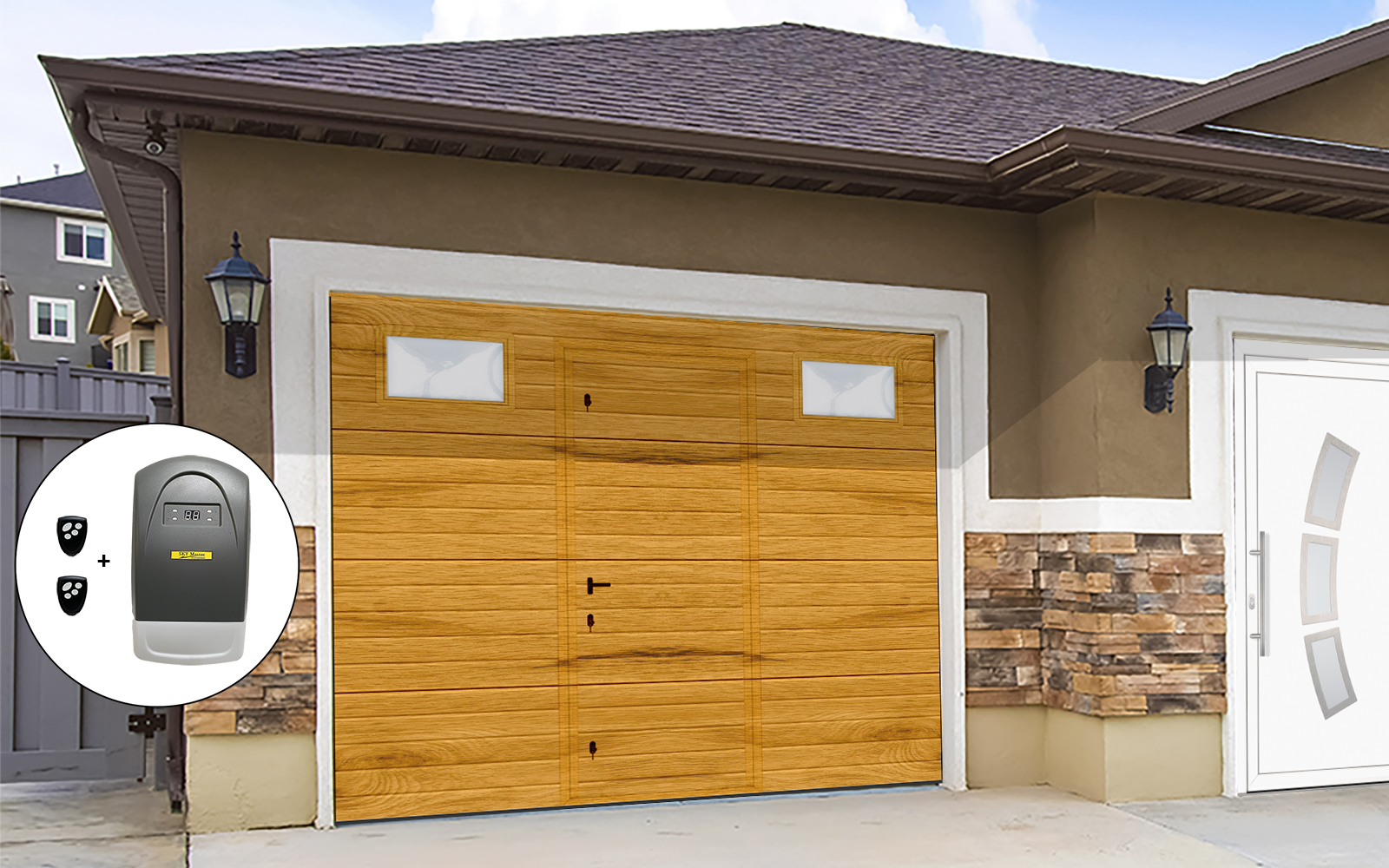 Porte de garage sectionnelle à rainures horizontales 2400 x 2000 chêne doré avec portillon et hublots (2)